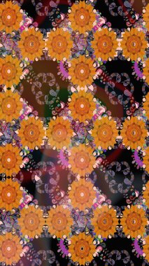 Raster deseni. Turuncu renklerde bahar çiçekleri. Patlayan çiçekler soyut olarak yerleştirilmiş. Raster illüstrasyonu.