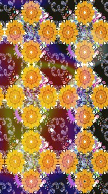 Kusursuz bir geçmişi var. Raster illüstrasyonu. Kumaş, tekstil, duvar kağıdı baskısı için. Renkli desenli kusursuz desen, sarı çiçekler ve dekoratif elementler. Antika retro tarzı.