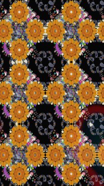 Siyah renkli Asya tekstili. Kusursuz çiçek deseni. Raster illüstrasyonu.