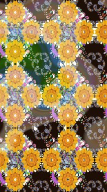 Raster Modaya uygun kumaş deseni. Düz Çiçek Elementleri Tasarımı. Sarı renkli şirin çiçek desenleri. Renkli Bahar Teması Kusursuz Arkaplan.