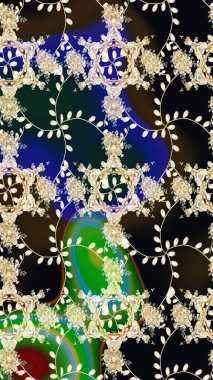 Şablon, pürüzsüz, çiçekli kenar. Güzel, parlak, pürüzsüz kumaş, tuval. Raster illüstrasyonu. Kıvırcık, parlak örgü. Çiçek çelengi. Klasik eski arkaplan.