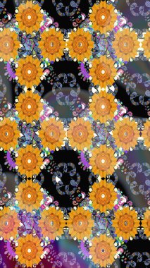 Raster illüstrasyonu. Sarı renklere karalamalar çizen kusursuz çiçek deseni.