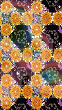 Renkli Bahar Temalı Kusursuz Arkaplan. Sarı renkli, zarif çiçek buketli suluboya. Düz Çiçek Elementleri Tasarımı. Raster illüstrasyonu.