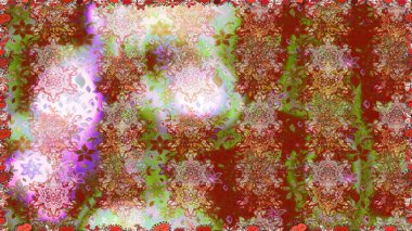 Çiçek çelengi. Şablon, pürüzsüz, çiçekli kenar. Eski moda arka plan. Güzel, parlak, pürüzsüz kumaş, tuval. Raster illüstrasyonu. Kıvırcık, parlak örgü.