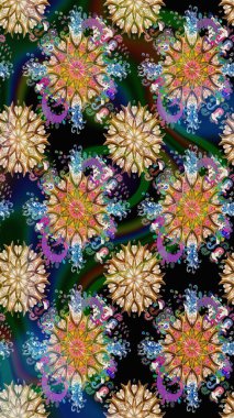 Çiçeksiz desenli, suluboya elle çizilmiş elementler. Parlak renkli fantezi çiçekleri, yapraklar, mavi renkli tomurcuklar.