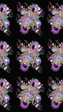 Tekstil, kumaş, ambalaj, hatıra defteri için hoş bir çiçek arkaplanı. Elle çizilmiş çiçek desenli Raster çizimi. Siyah arka planda. Çocuksu tasarım.