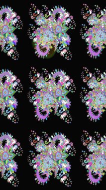 El çizimi çiçekli, soyut, pürüzsüz desen. Siyah renkli çiçekler. Raster illüstrasyonu.