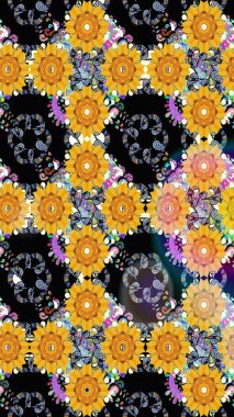 Renkli Yaz Temalı Kusursuz Arkaplan. Sevimli çiçek raster deseni. Sarı renkli çiçekler. Düz Çiçek Elementleri Tasarımı.