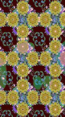 Renkli Bahar Temalı Kusursuz Arkaplan. Raster illüstrasyonunda kusursuz çiçek deseni. Kahverengi renkli çiçekler. Düz Çiçek Elementleri Tasarımı.