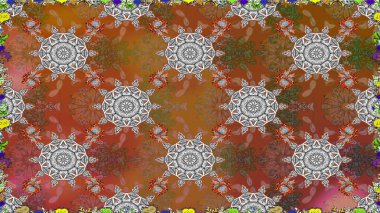 Renkli grunge, soyut arkaplanı colokahverengi çiçeklerle süslüyor. İşlemeli çiçekli, dikişsiz desen. İzler, kumaş, duvar kağıtları, tekstil için raster dokusu.