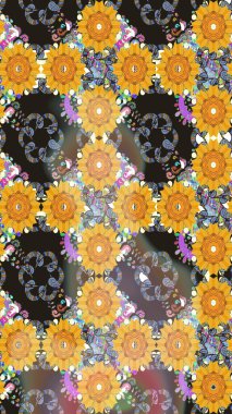 Retro tekstil tasarım koleksiyonu. El çizimi çiçek unsurları olan soyut, dikişsiz raster deseni. 1950-1960 motifleri. Sarı üstüne sarı. Çiçekli ipek eşarp..