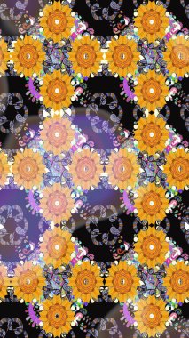 Bahar çiçekleri dallı desen, sarı renkler ve çiçek silueti. Raster deseni.