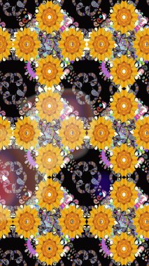 Raster illüstrasyonunda kusursuz çiçek deseni. Renkli Bahar Temalı Kusursuz Arkaplan. Düz Çiçek Elementleri Tasarımı. Süslü kumaş deseni.