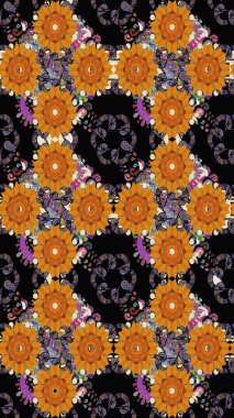 Düz Çiçek Elementleri Tasarımı. Çiçekli kusursuz retro desen. Siyah renkli çiçekler. Renkli Yaz Temalı Kusursuz Arkaplan.