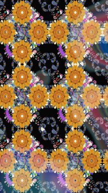 Renkli Bahar Temalı Kusursuz Arkaplan. Raster illüstrasyonunda kusursuz çiçek deseni. Düz Çiçek Elementleri Tasarımı. Süslü kumaş deseni.