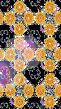 Raster çiçekleri klasik tarzda çizilmiş. Sarı ve siyah renklerde bahar çiçekleri. Çiçekli, pürüzsüz bir desen. Raster illüstrasyonu.