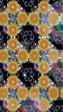 Raster - stok. Yapraklı çiçekler ve sarı renkli papatya çiçekleri. Kusursuz arkaplan deseni.