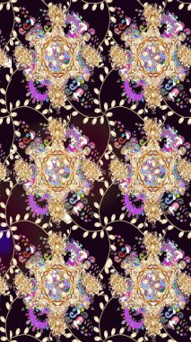 Renkli Bahar Temalı Kusursuz Arkaplan. Siyah renkli çiçekler. Raster illüstrasyonu. Asya tekstil tarzında. Düz Çiçek Elementleri Tasarımı. Kusursuz çiçek deseni.