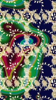 Renkli Bahar Temalı Kusursuz Arkaplan. Asya tekstil tarzında. Kusursuz çiçek deseni. Yeşil renkli çiçekler. Düz Çiçek Elementleri Tasarımı. Raster illüstrasyonu.