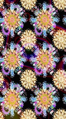 Parlak renkli çiçekleri ve siyah ve bej renklerinde yaprakları olan şaşırtıcı, pürüzsüz çiçek deseni. Modern çiçek arkaplanı. Halk tarzı. Moda baskıları için zarif bir şablon.