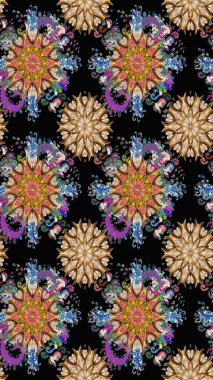 Çiçekli, suluboya desenli kusursuz çiçek deseni. Düz Çiçek Elementleri Tasarım Raster illüstrasyonu. Siyah ve kahverengi renkte çiçekler. Renkli Bahar Teması: Kusursuz Arkaplan.