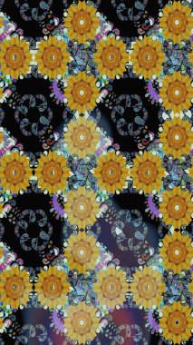 Siyah ve sarı renklerde etnik çiçeklerin olduğu kusursuz bir desen. Asya Tekstil 'inde Raster Çiçek İllüstrasyonu.