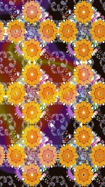 Sarı ve kahverengi arka planda. Çocuksu tasarım. Tekstil, kumaş, ambalaj, hatıra defteri için hoş bir çiçek arkaplanı. Elle çizilmiş karalama çiçekleri ile pürüzsüz desen.