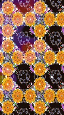 Çiçek buketleriyle klasik tarzda kusursuz desenler. Sarı ve gri renklerde. Raster illüstrasyonu.