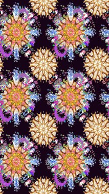 Renkli desenli kusursuz desen, siyah çiçekler ve dekoratif elementler. Eski usul. Kumaş, tekstil, duvar kağıdı baskısı için. Kusursuz bir geçmişi var. Raster illüstrasyonu.