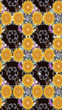 Raster illüstrasyonu. Kusursuz çiçek deseni. Raster illüstrasyonu. Asya tekstil tarzında. Sarı ve gri renkte çiçekler.