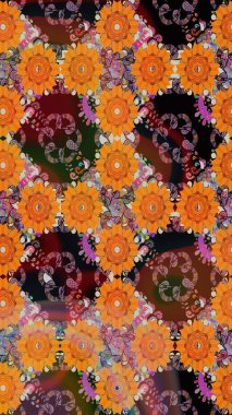 Raster illüstrasyonu. Şirin çiçekli kusursuz desen ve turuncu renklerde yapraklar, suluboya çiçek deseni, duvar kağıdı, kart veya kumaş için fayanslı..