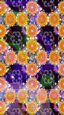 Turuncu renklerde. Raster illüstrasyonu. Çiçek buketleriyle klasik tarzda kusursuz desen.