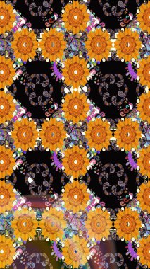 Karalama çiçekleri kusursuz desen. Siyah ve turuncu el çizimi desen. Raster deseni. Sanat ilham verici ve turuncu tarzlı çiçekler ve arka plan bırakıyor.