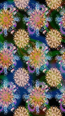 Renkli Bahar Temalı Kusursuz Arkaplan. Raster Modaya uygun kumaş deseni. Düz Çiçek Elementleri Tasarımı. Mavi ve nötr renklerle sevimli çiçek deseni.