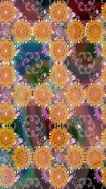 Çok portakallı, zarif küçük çiçekler ve turuncu renkli komik böcekler, raster desen, illüstrasyon.