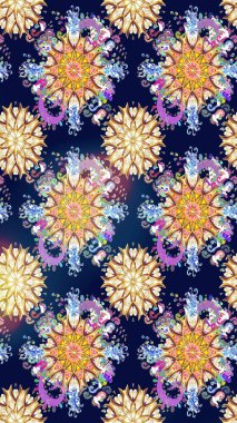 Raster illüstrasyonu. Raster illüstrasyonu. Mavi ve bej renkli çiçekler. Kusursuz çiçek deseni. Asya tekstil tarzında.