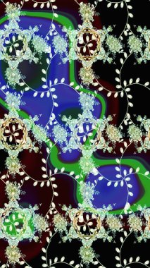 Siyah ve nötr renklerde şirin çiçek desenleri. Renkli Bahar Temalı Kusursuz Arkaplan. Düz Çiçek Elementleri Tasarımı. Raster Modaya uygun kumaş deseni.