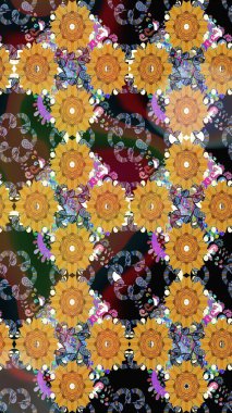 Raster illüstrasyonu. Çiçek ve yapraklı karalama şeklinde Raster çiçek deseni. Sarı renkte bahar çiçekleri..