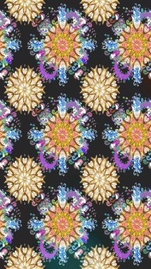 Raster illüstrasyonu. Çiçek buketleriyle klasik tarzda kusursuz desenler. Gri ve bej renklerde.