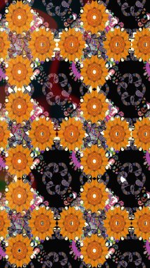 Düz Çiçek Elementleri Tasarımı. Renkli Bahar Temalı Kusursuz Arkaplan. Turuncu renkli çiçekler. Raster illüstrasyonunda kusursuz çiçek deseni.