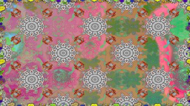 Raster illüstrasyonu. Kusursuz çiçek deseni. Asya tekstil tarzında. Raster illüstrasyonu. Gri renkli çiçekler.