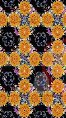 Çok renkli, zarif küçük çiçekler ve siyah renkli komik böcekler, raster desen, illüstrasyon..