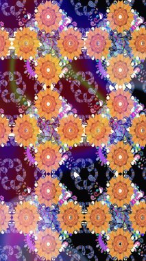 Raster illüstrasyonu. Çiçek buketleriyle klasik tarzda kusursuz desenler. Turuncu renklerde.