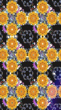 Renkli Bahar Temalı Kusursuz Arkaplan. Düz Çiçek Elementleri Tasarımı. Kusursuz Chichi kumaş deseni. Çiçek deseni. Raster illüstrasyonu.