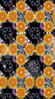 Sevimli çiçekleri, desenleri, siyah renkleri olan renksiz bir desen. Tekstil için dikişsiz suluboya desen. El çizimi çiçek pürüzsüz desen (taş)).