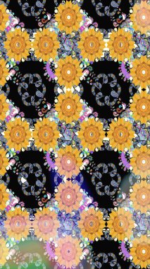 Çiçek arkaplan. Siyah renkli şirin tekstil. Çiçek duvar kâğıdı. Renkli, pürüzsüz desen. Raster illüstrasyonu.