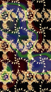 Düz Çiçek Elementleri Tasarımı. Asya tekstil tarzında. Kusursuz çiçek deseni. Siyah ve kahverengi renkte çiçekler. Raster illüstrasyonu. Renkli Bahar Teması Kusursuz Arkaplan.