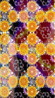 Sarı ve nötr renklerde parlak çiçekli halı deseni.