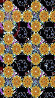 Siyah üstüne siyah. Retro tekstil tasarım koleksiyonu. El çizimi çiçek unsurları olan soyut, dikişsiz raster deseni. 1950-1960 motifleri. Çiçekli ipek eşarp..