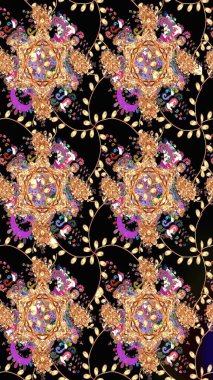 Raster illüstrasyonu. Siyah renkte güzel bir tekstil. Çiçeklerle suluboya desenleri.